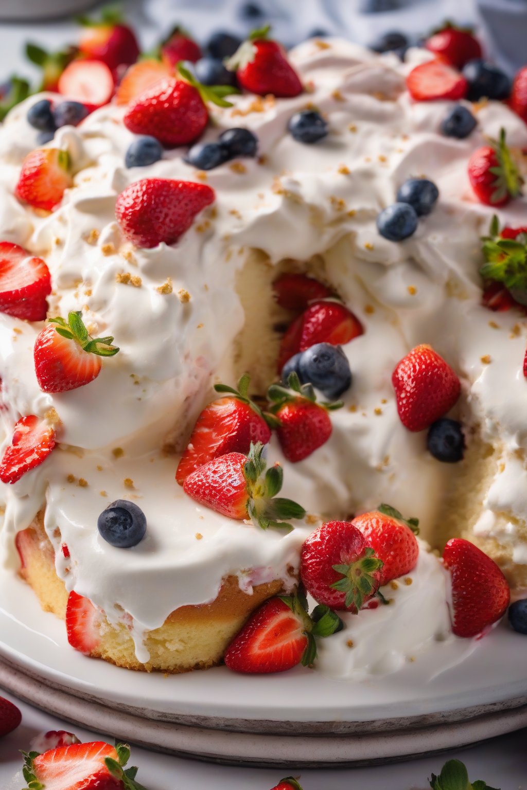 A close-up photo of strawberry soaked Tres Leches cake bursting with fresh berries and cream under soft lighting.