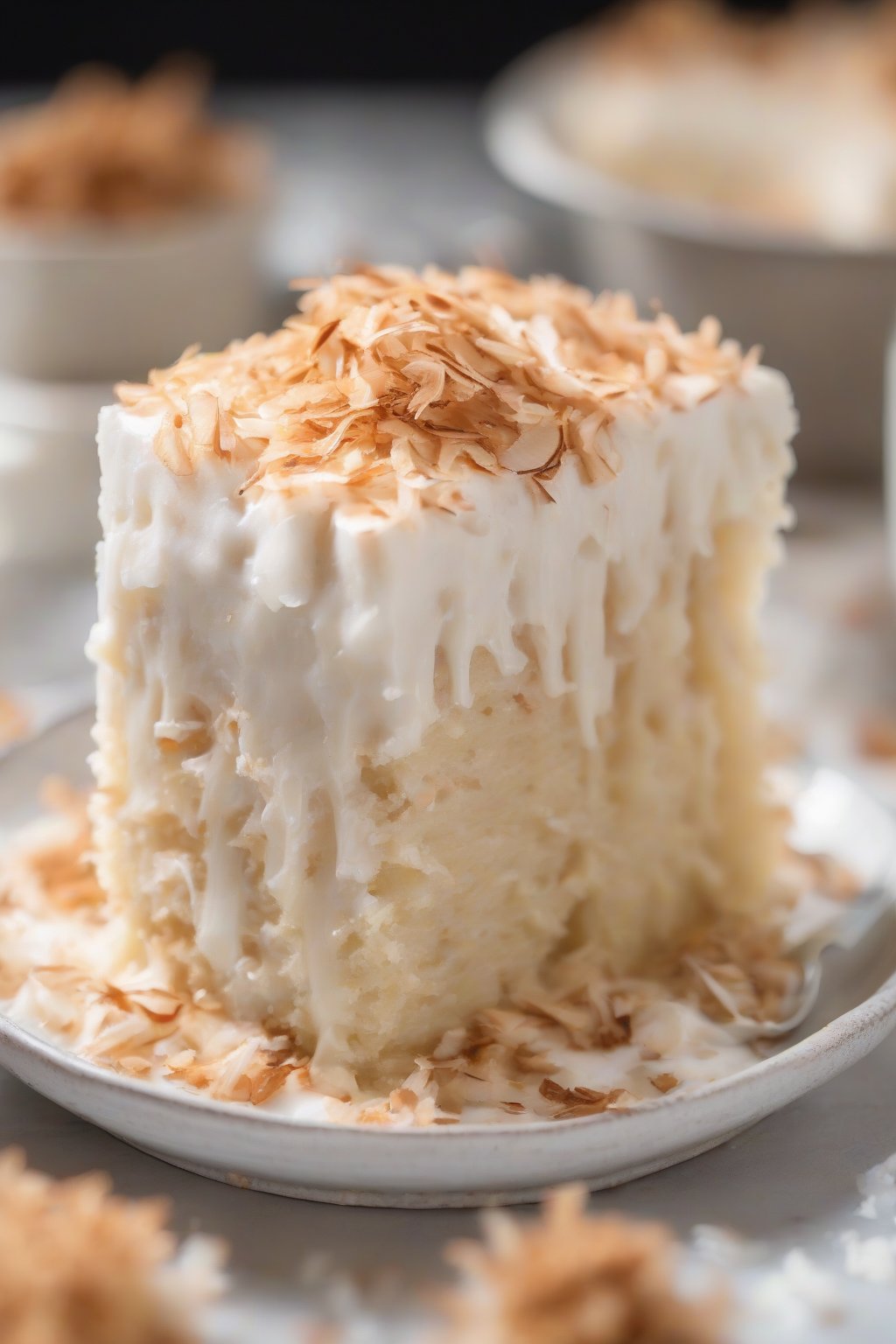 A close-up photo of coconut soaked Tres Leches cake, flakes of toasted coconut on creamy slices under soft lighting.
