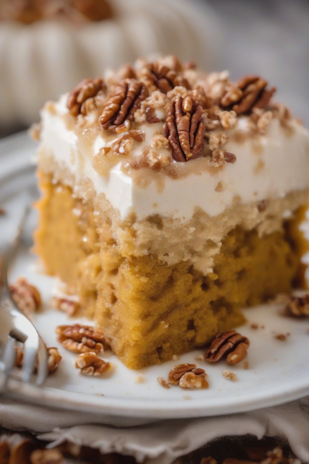 A close-up photo of pumpkin spice soaked Tres Leches cake, spiced crumb and pecans under soft lighting.