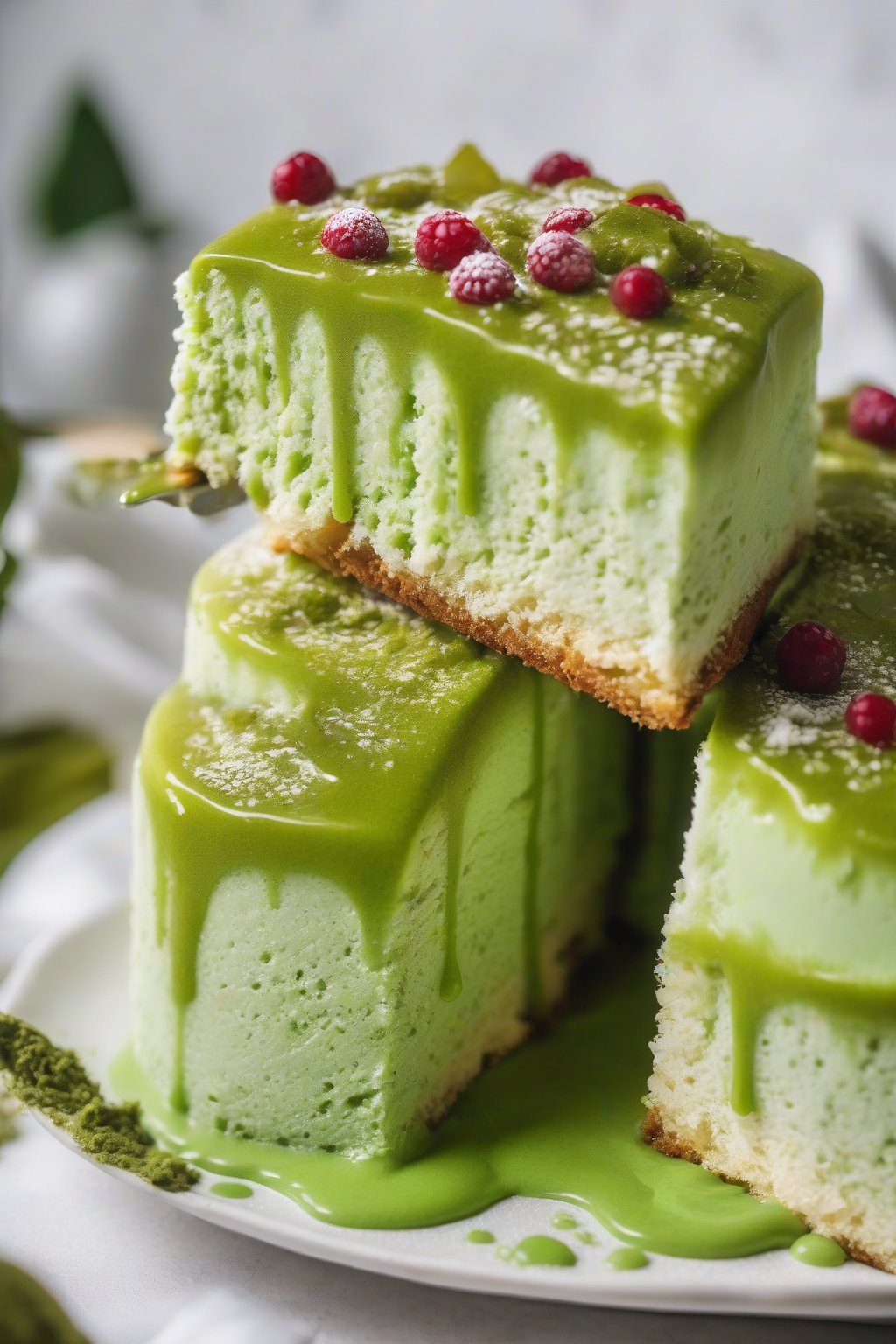 A close-up photo of vibrant green matcha soaked Tres Leches cake, powdered top glistening under soft lighting.