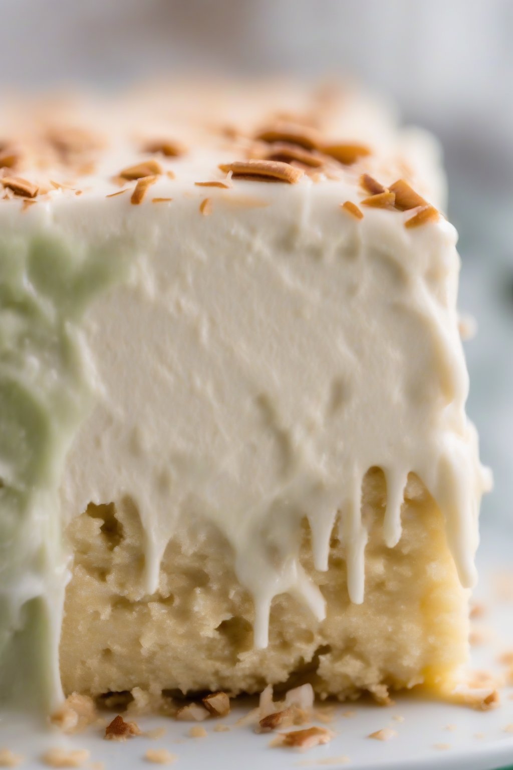 A close-up photo of vegan soaked Tres Leches cake, creamy coconut top on moist green-free slice under soft lighting.