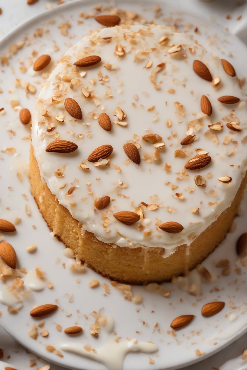 A close-up photo of almond soaked Tres Leches cake, slivered nuts scattered on powdered surface under soft lighting.