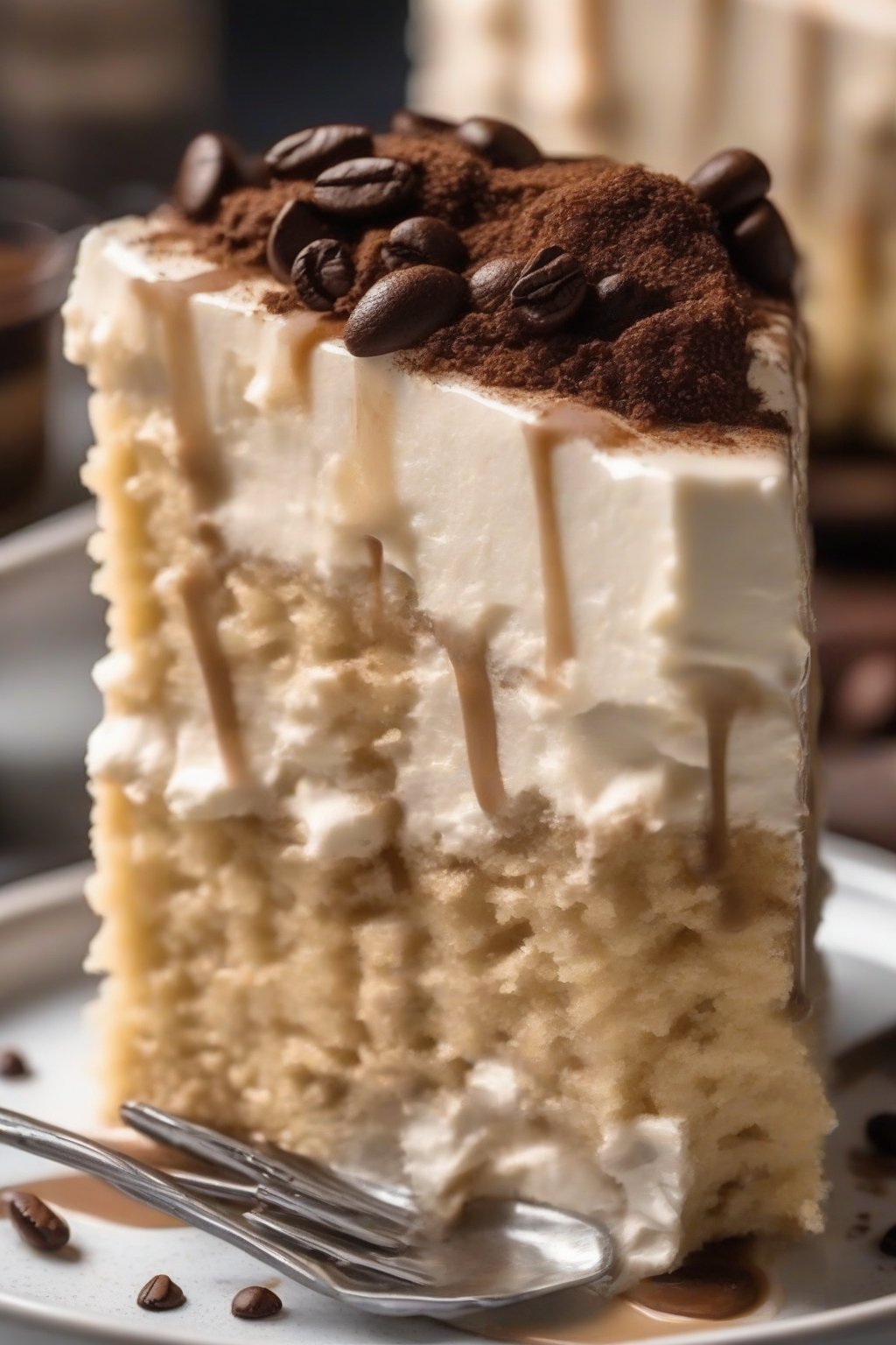A close-up photo of coffee soaked Tres Leches cake, dark espresso tinges in the creamy cut under soft lighting.