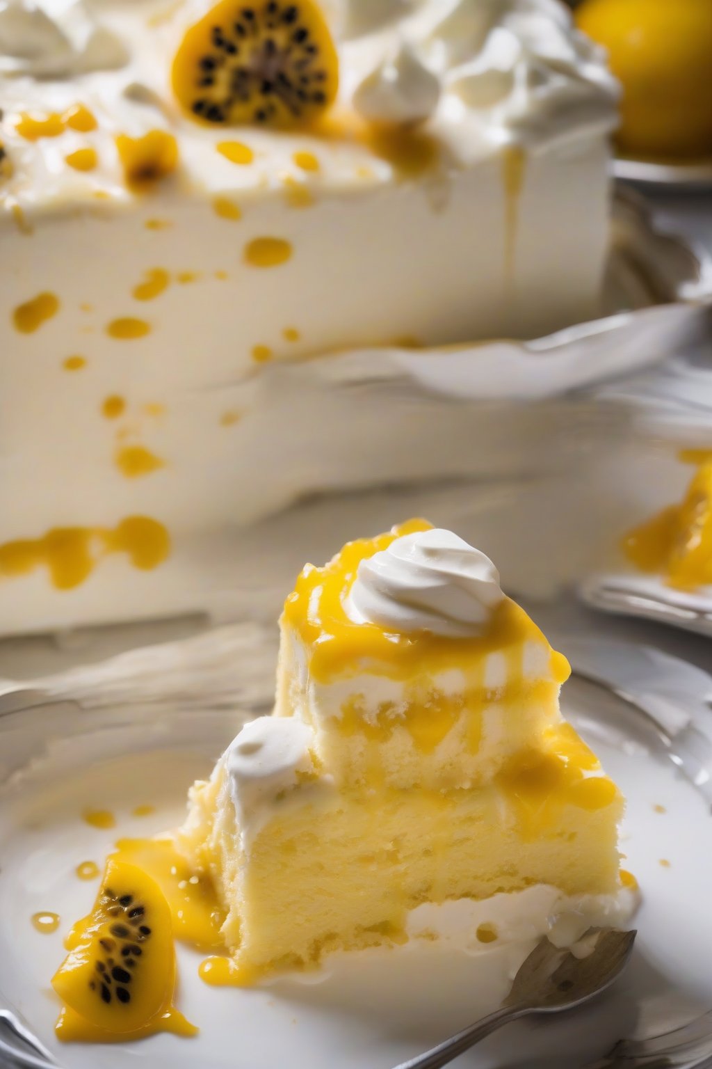 A close-up photo of passion fruit soaked Tres Leches cake, vibrant yellow pulp over soaked layers under soft lighting.
