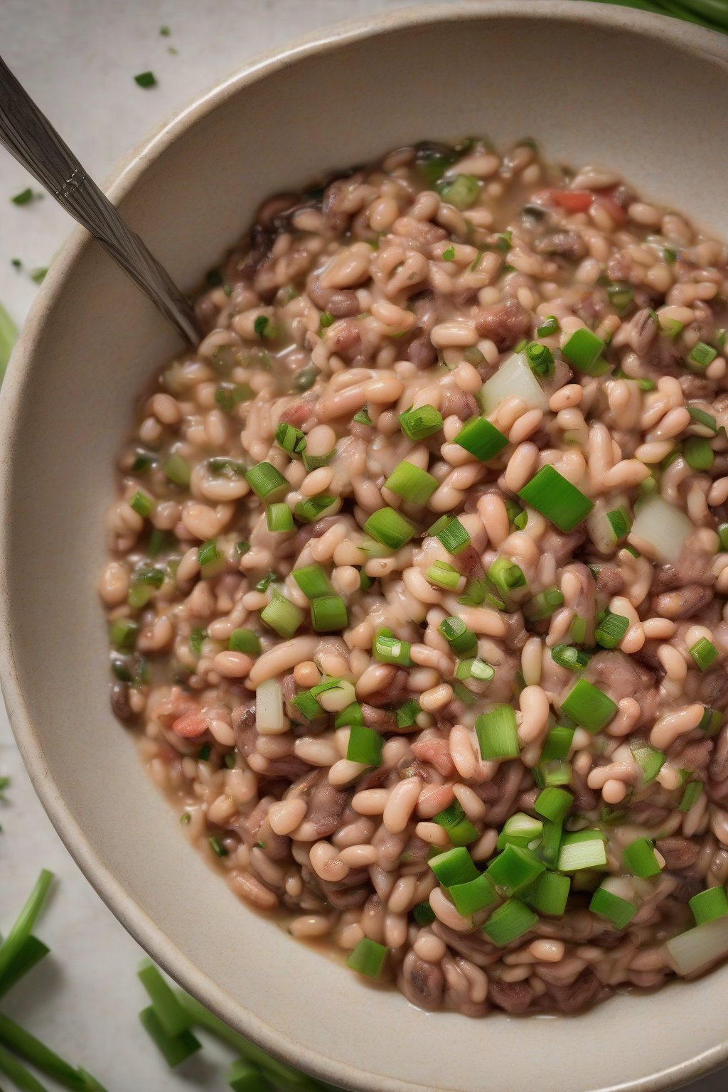 A close-up photo of steaming Hoppin' John in a bowl, topped with green onions under soft lighting.