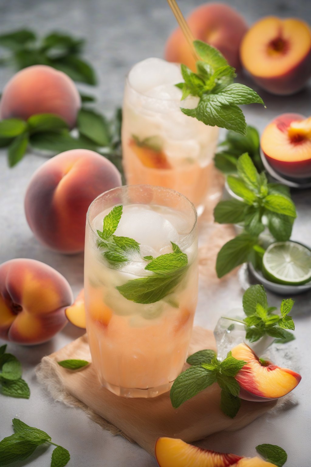 A high-resolution photo of a peach mojito with peach slices and mint garnish, soft peach foam on top, under soft lighting.