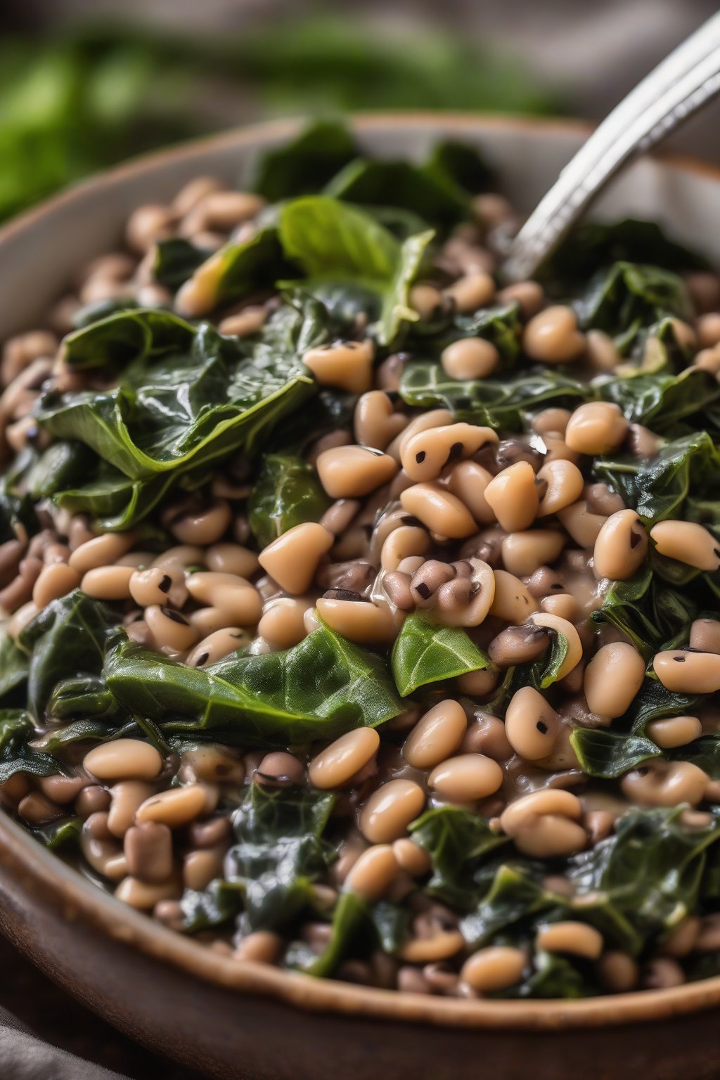 A close-up photo of black-eyed peas and collard greens in a rustic bowl, garnished with vinegar drizzle under soft lighting.