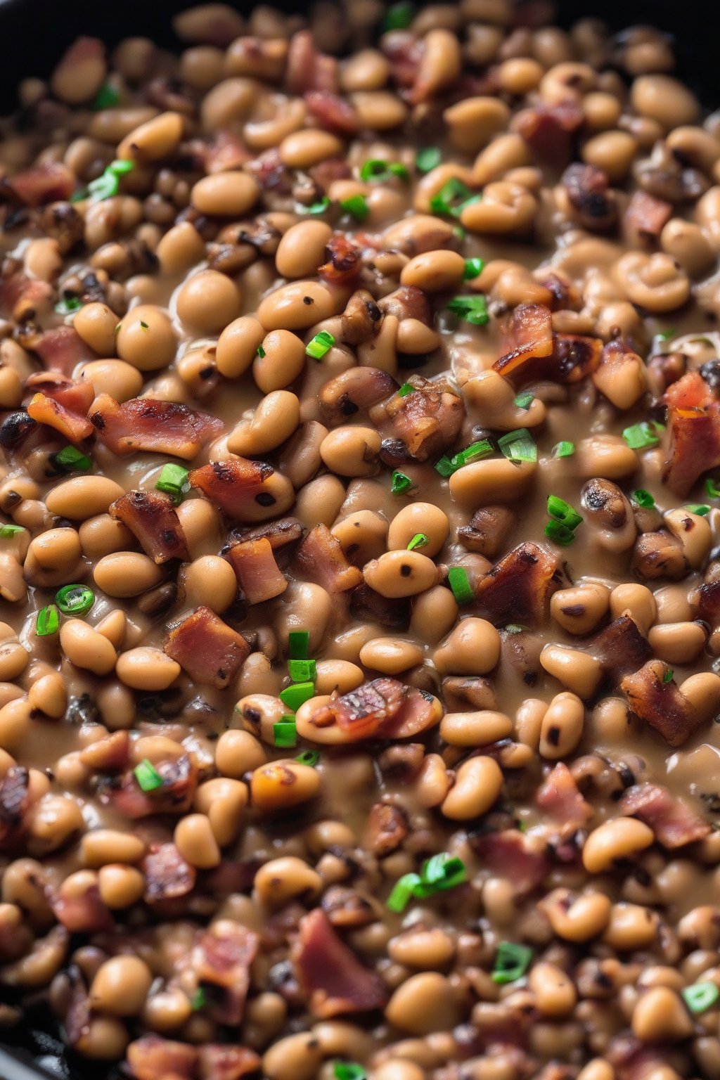 A close-up photo of smoky bacon black-eyed peas in a cast-iron skillet, bacon bits on top under soft lighting.