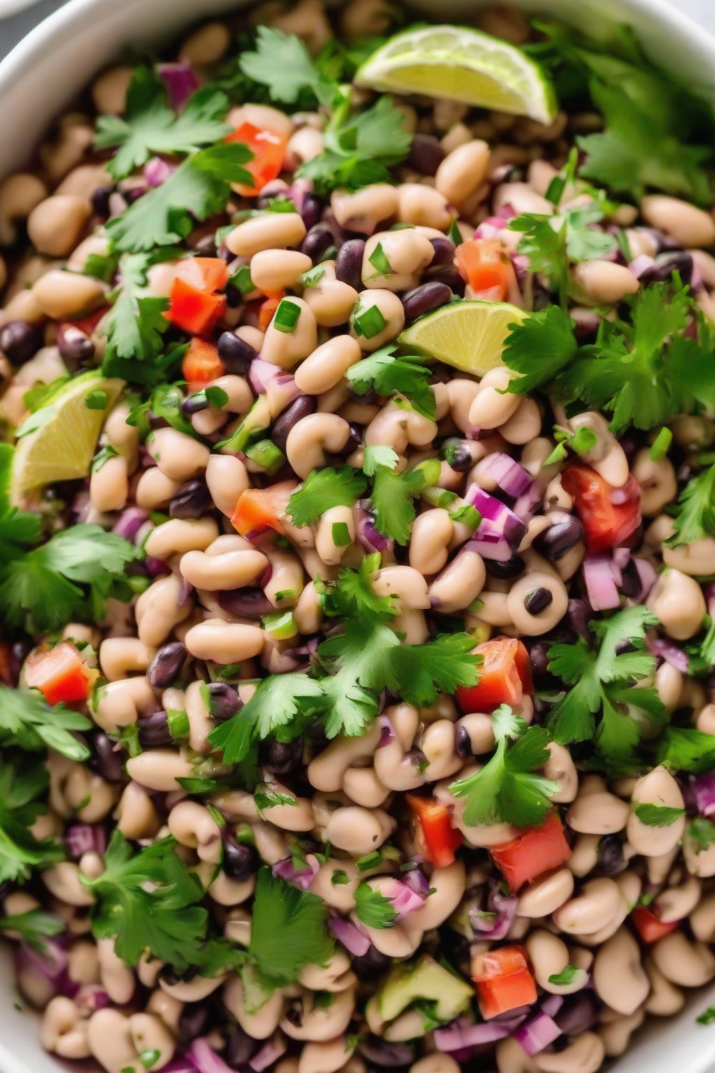 A close-up photo of vibrant black-eyed pea salad in a white bowl, lime wedges nearby under soft lighting.