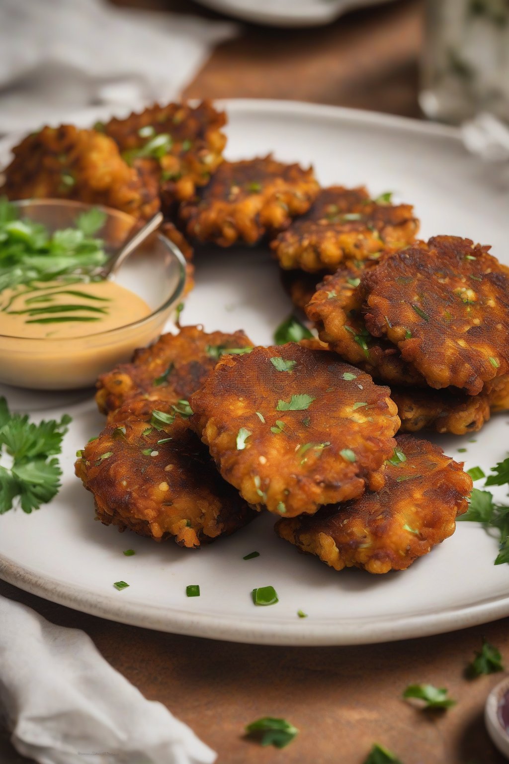 A close-up photo of golden black-eyed pea fritters on a plate with dipping sauce under soft lighting.