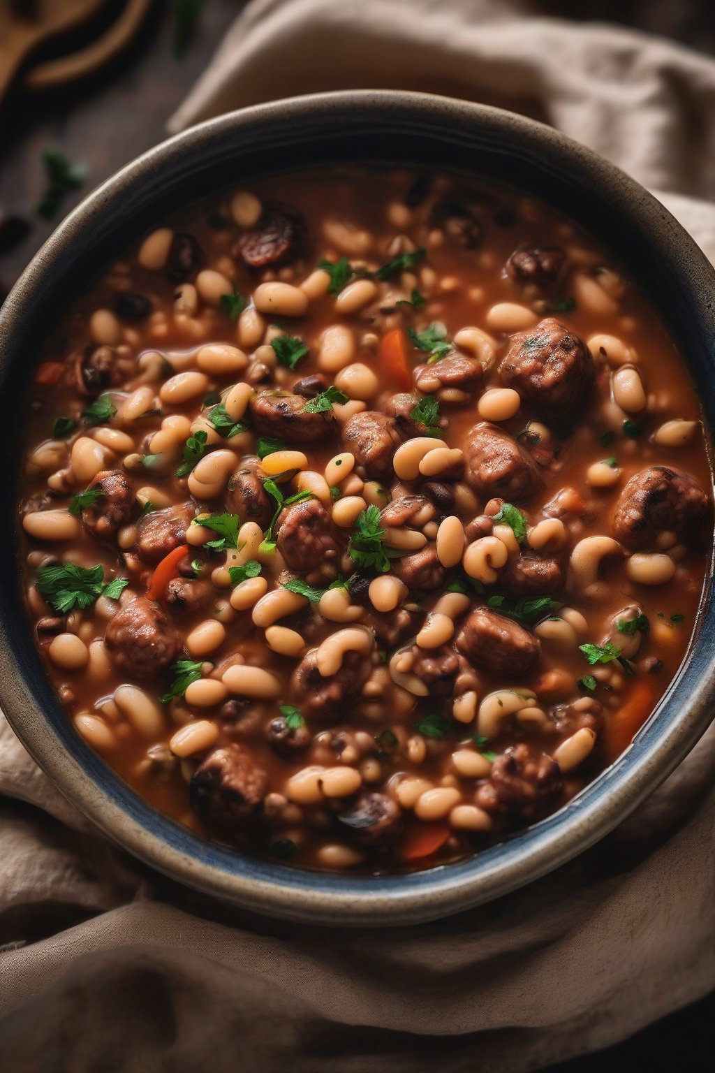 A close-up photo of spicy sausage black-eyed peas stew in a deep bowl, steam rising under soft lighting.