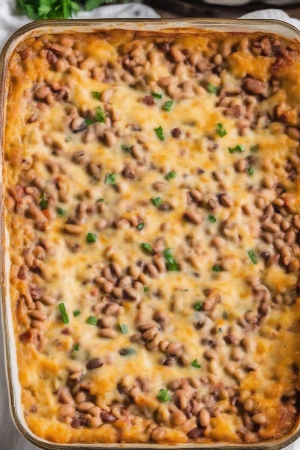 A close-up photo of cheesy black-eyed pea casserole fresh from the oven, golden top under soft lighting.