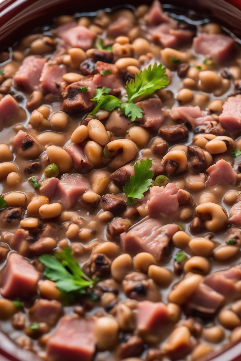 A close-up photo of ham hock black-eyed peas in a slow cooker, meaty chunks visible under soft lighting.