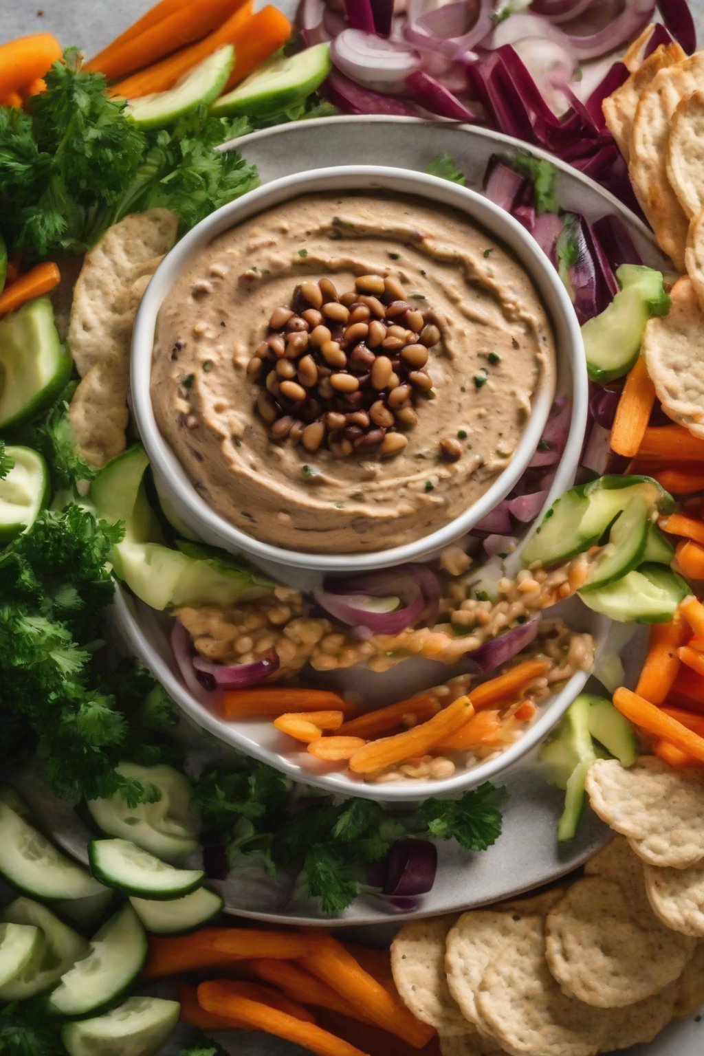 A close-up photo of creamy black-eyed pea hummus in a bowl with veggie dippers under soft lighting.