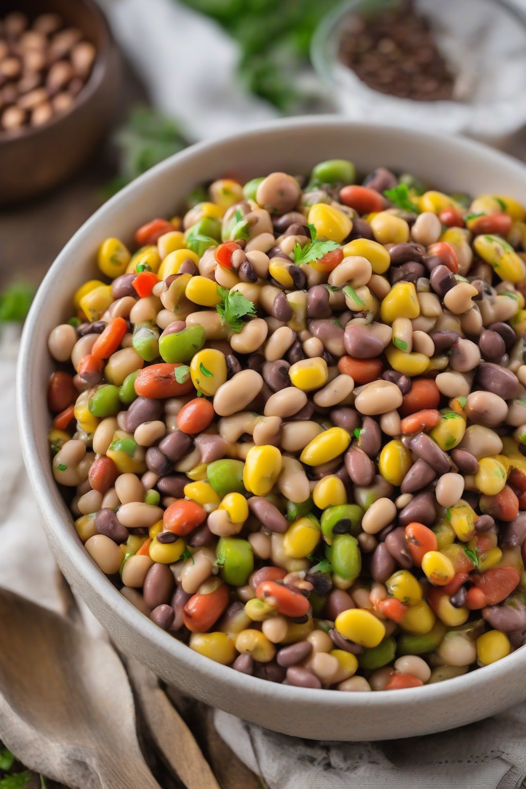 A close-up photo of colorful succotash with black-eyed peas in a serving dish under soft lighting.
