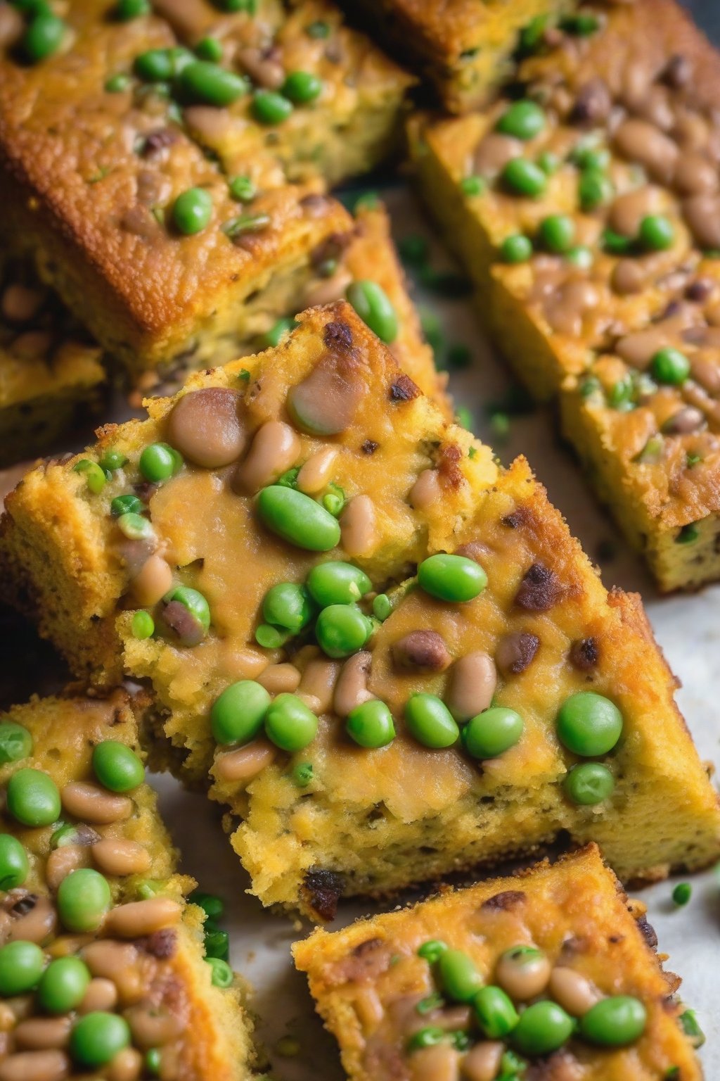 A close-up photo of sliced black-eyed pea cornbread, peas peeking through under soft lighting.