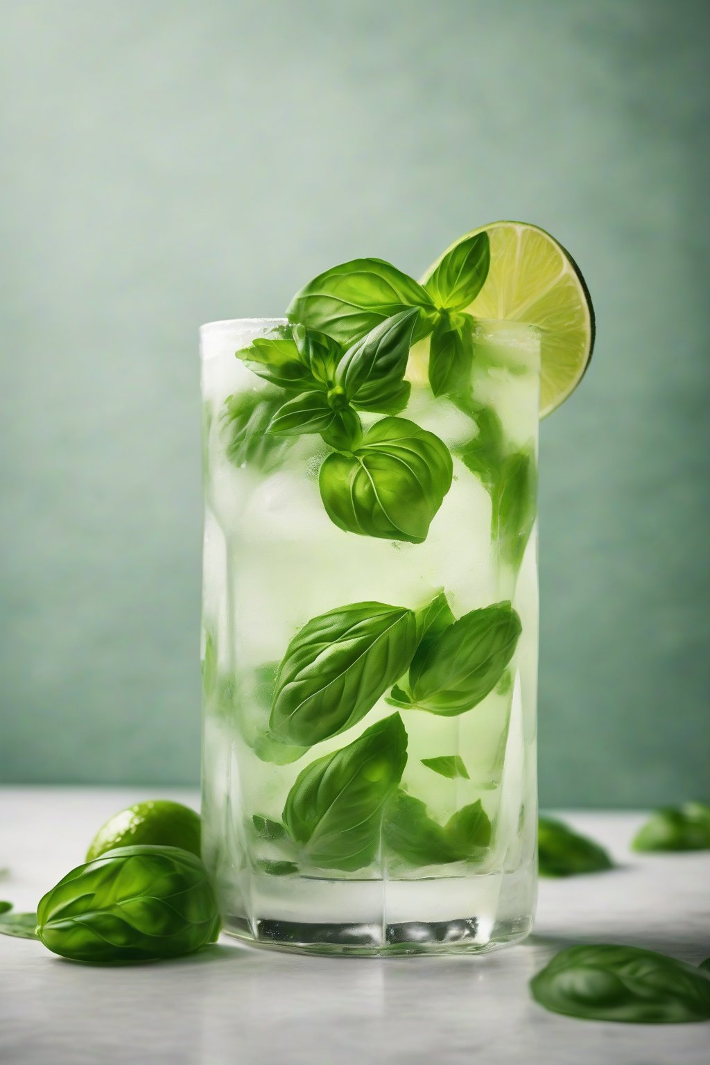 A high-resolution photo of a basil mojito with fresh basil leaves floating and lime wheel, green-tinged in a elegant glass, under soft lighting.