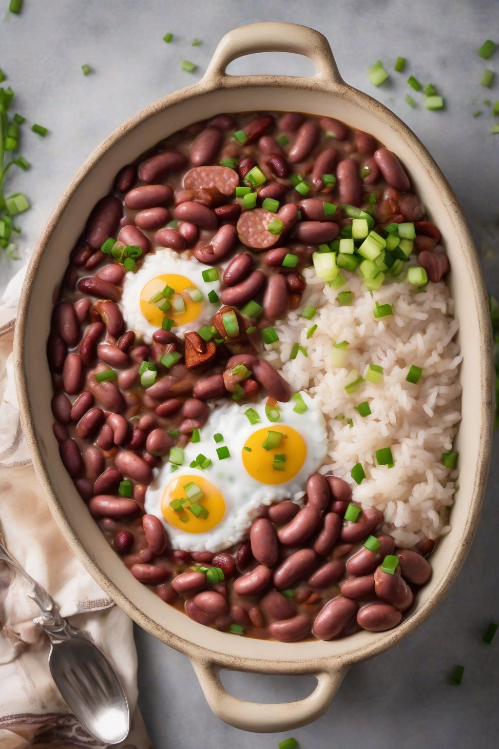 A high-resolution photo of steaming classic red beans and rice topped with sliced andouille sausage, garnished with green onions, under soft lighting.