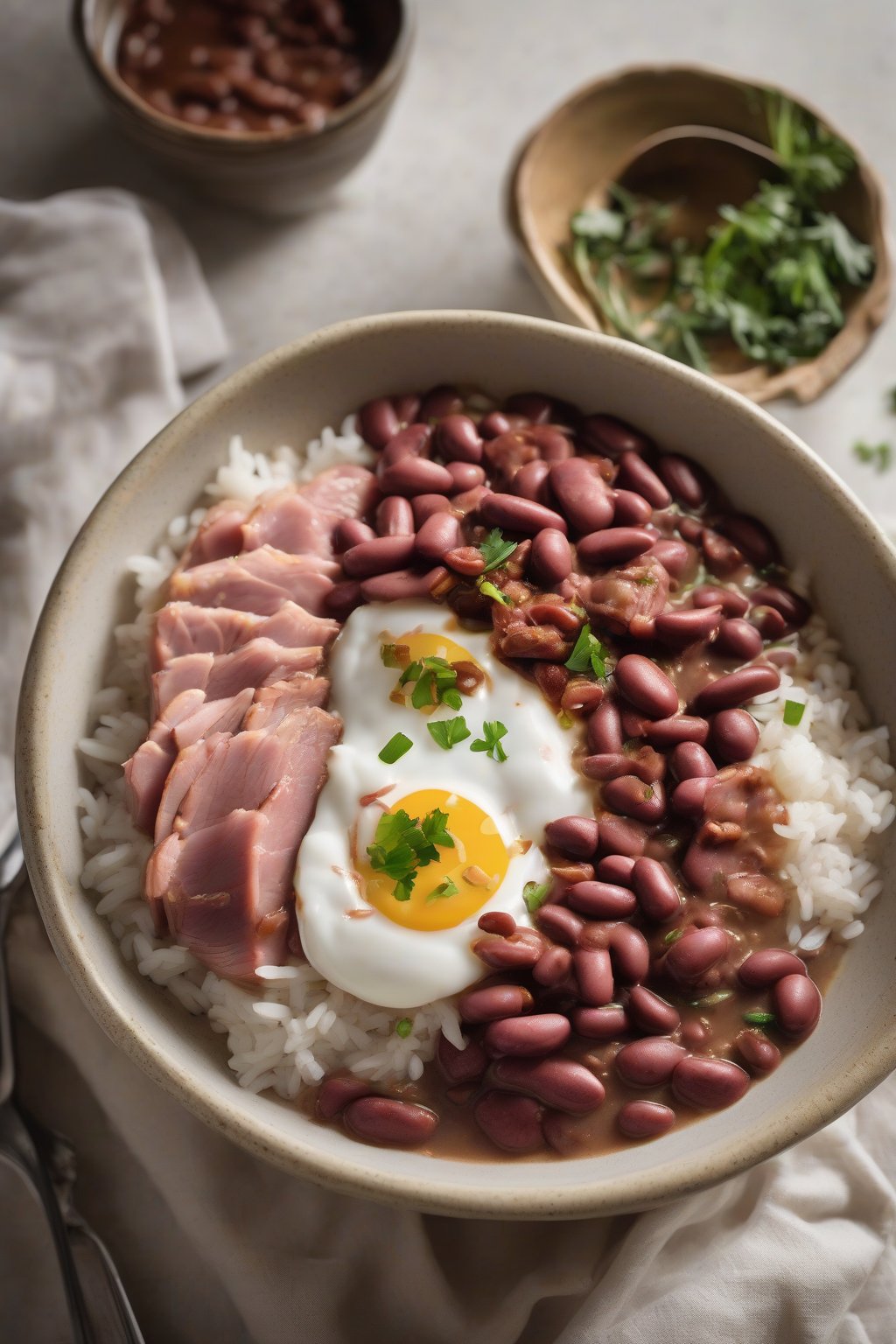 A high-resolution photo of smoky ham hock red beans and rice in a bowl, with tender meat pulled through the creamy beans, under soft lighting.