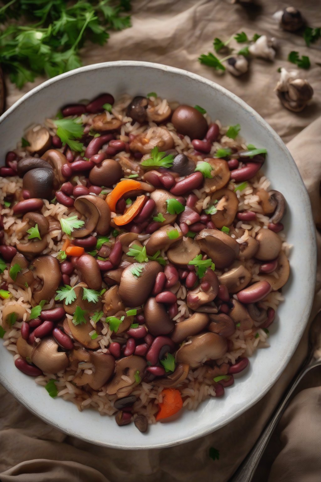 A high-resolution photo of vegetarian mushroom red beans and rice, vibrant with colorful veggies and earthy mushrooms, under soft lighting.