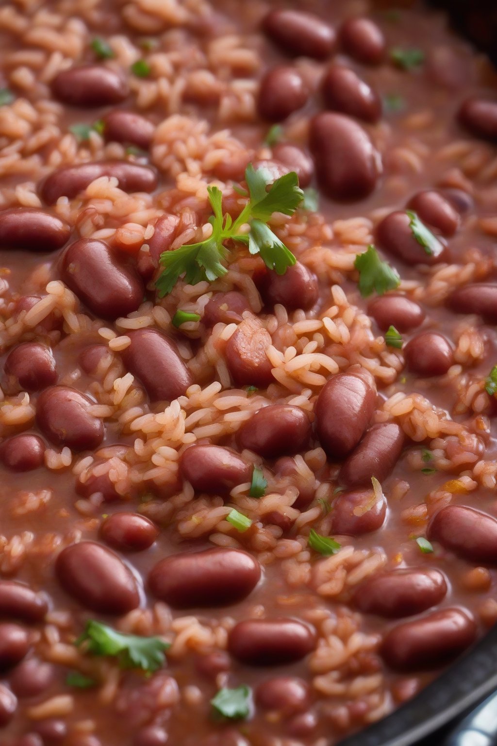 A high-resolution photo of spicy Cajun red beans and rice with red flecks from seasoning and sausage, steam rising, under soft lighting.