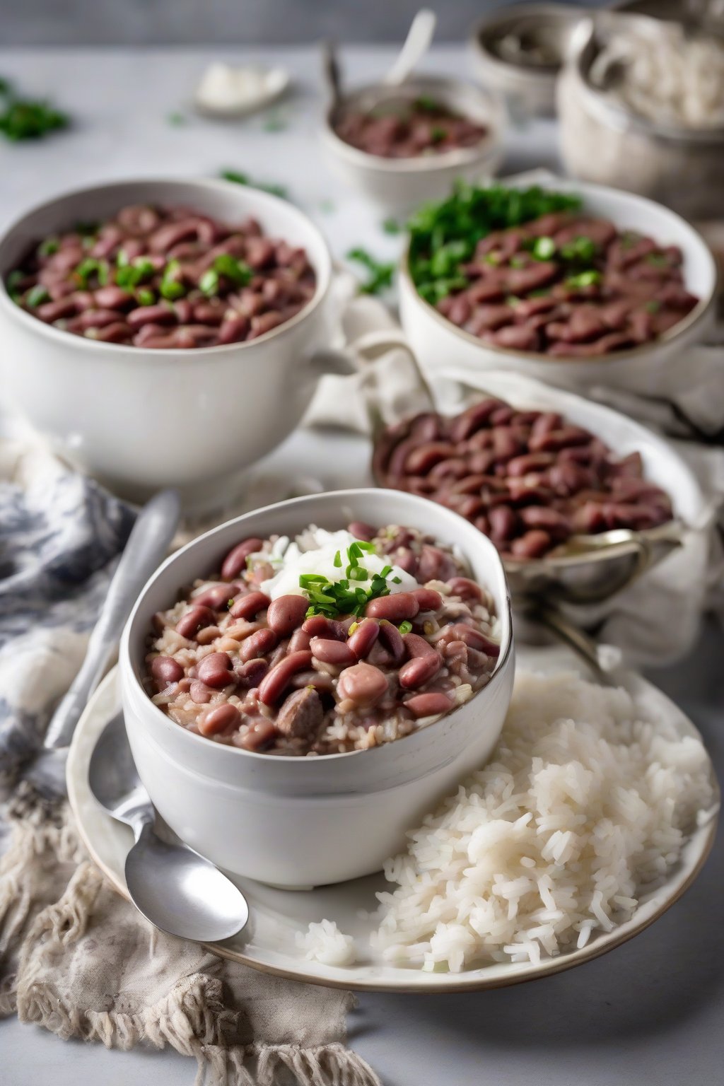 A high-resolution photo of slow cooker red beans and rice straight from the pot, creamy and inviting with sausage chunks, under soft lighting.