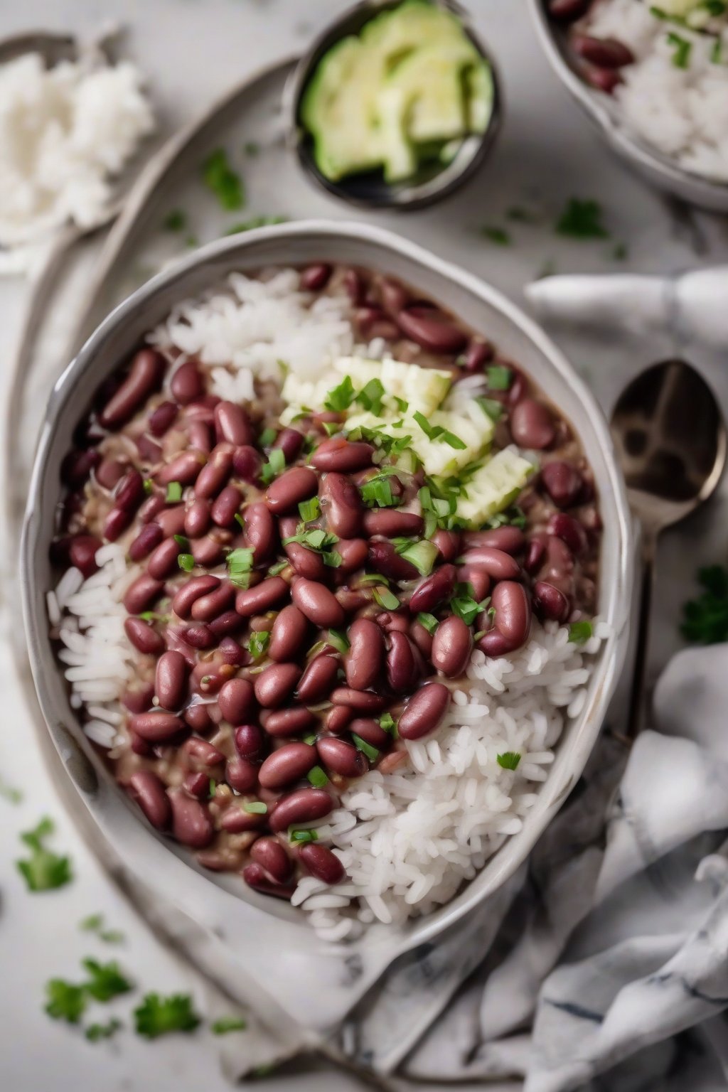 A high-resolution photo of Instant Pot red beans and rice, glossy and saucy in a white bowl, under soft lighting.