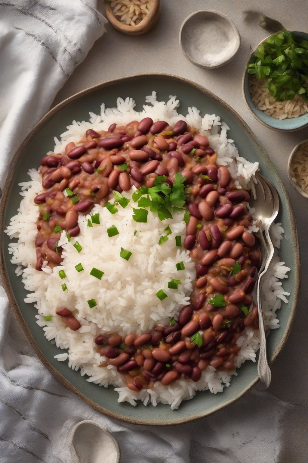 A high-resolution photo of Creole red beans and rice heavy on colorful holy trinity veggies, spooned over fluffy rice, under soft lighting.