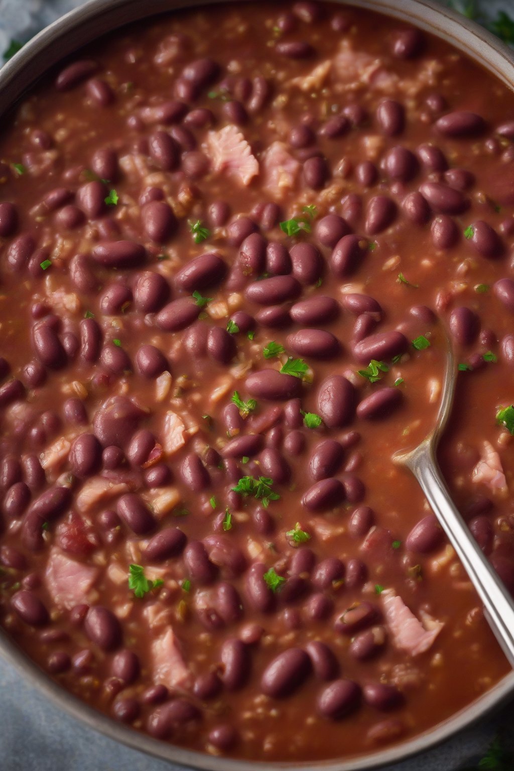 A high-resolution photo of tasso red beans and rice, rich reddish broth with visible ham bits, under soft lighting.