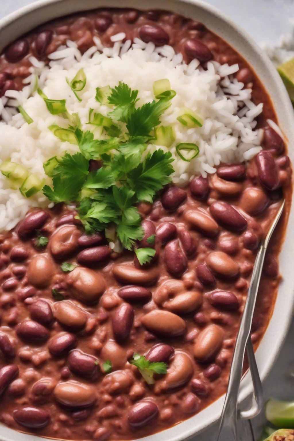A high-resolution photo of vegan coconut red beans and rice, creamy white swirls in the red sauce, tropical vibe, under soft lighting.