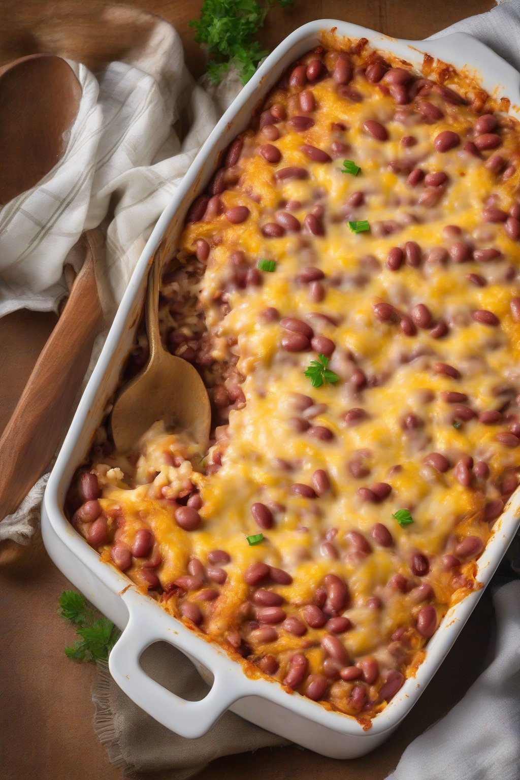A high-resolution photo of cheesy baked red beans and rice casserole, golden bubbly cheese crust, under soft lighting.