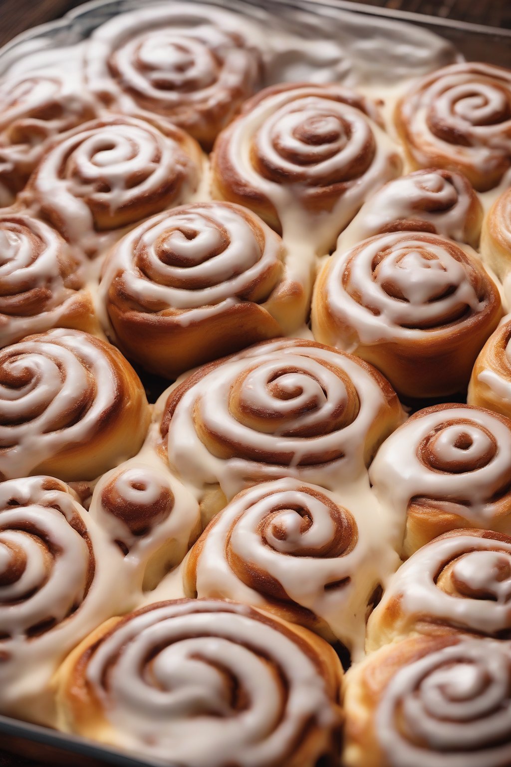 A high-resolution photo of fluffy Cinamoroll cinnamon rolls with swirled ears and glossy frosting under soft lighting.