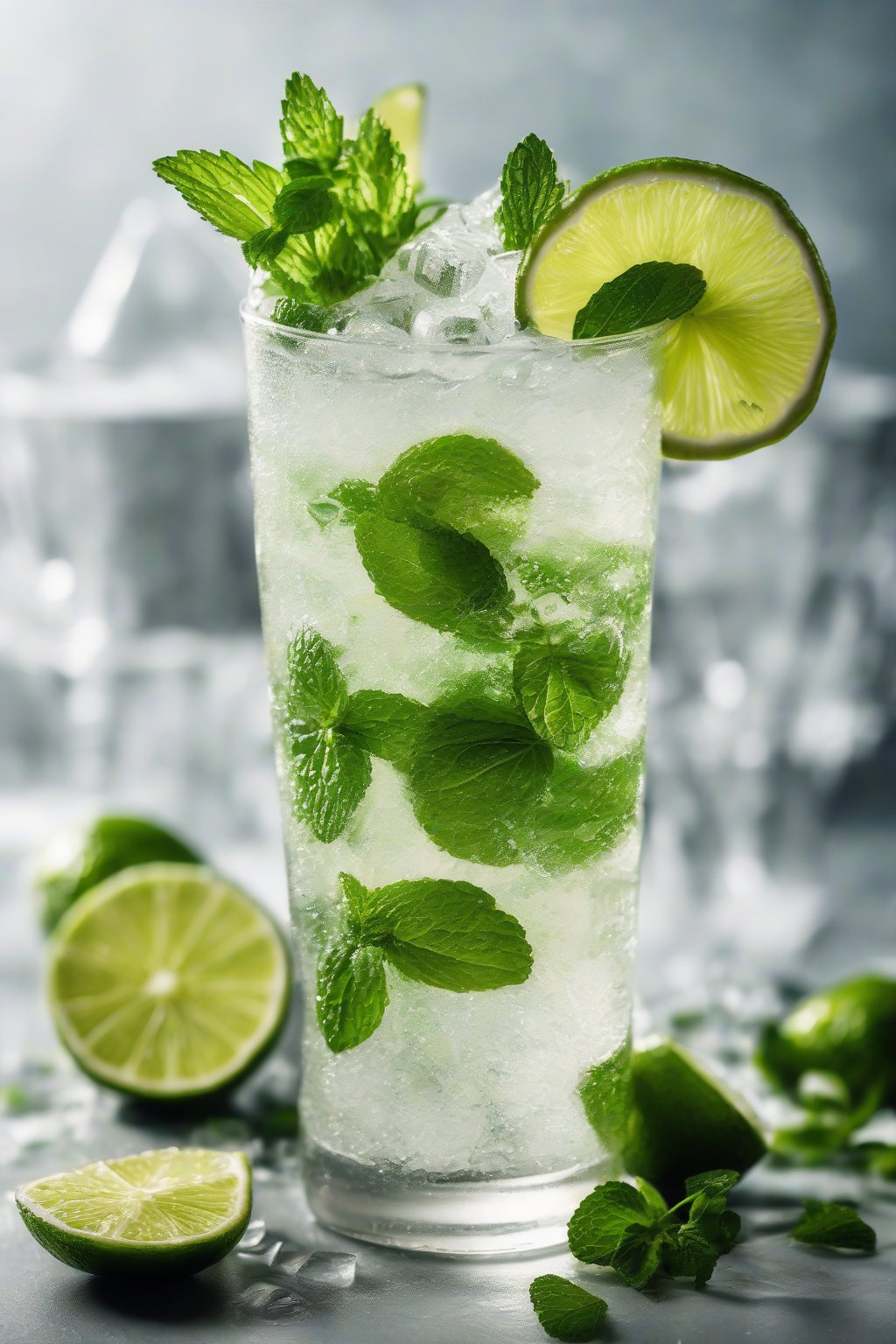 A high-resolution photo of a virgin mojito brimming with crushed ice, mint bouquet, and lime slices, clear and fizzy, under soft lighting.