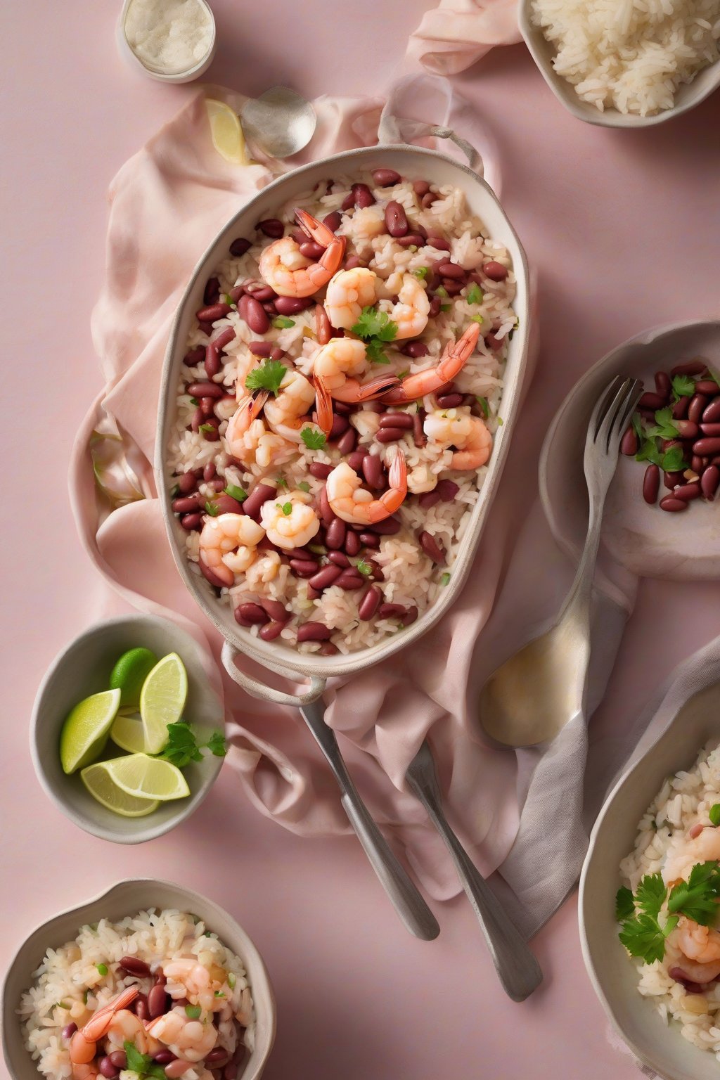 A high-resolution photo of shrimp red beans and rice, plump pink shrimp atop creamy beans and rice, under soft lighting.