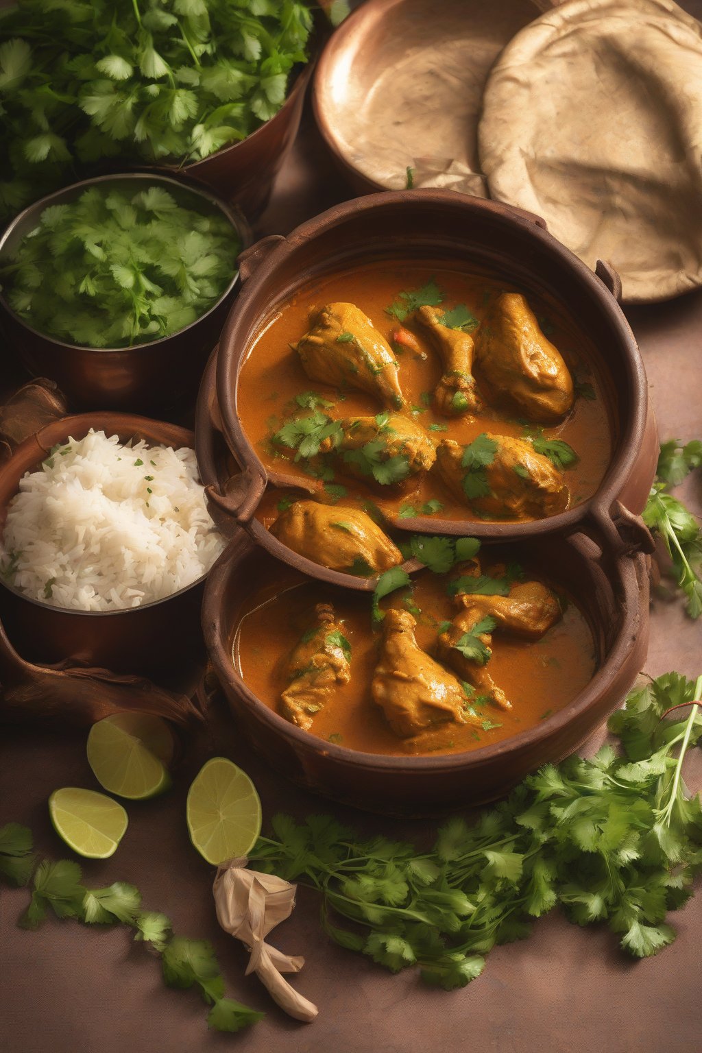 A high-resolution photo of steaming Goan chicken xacuti curry garnished with cilantro in a clay pot, under soft lighting.