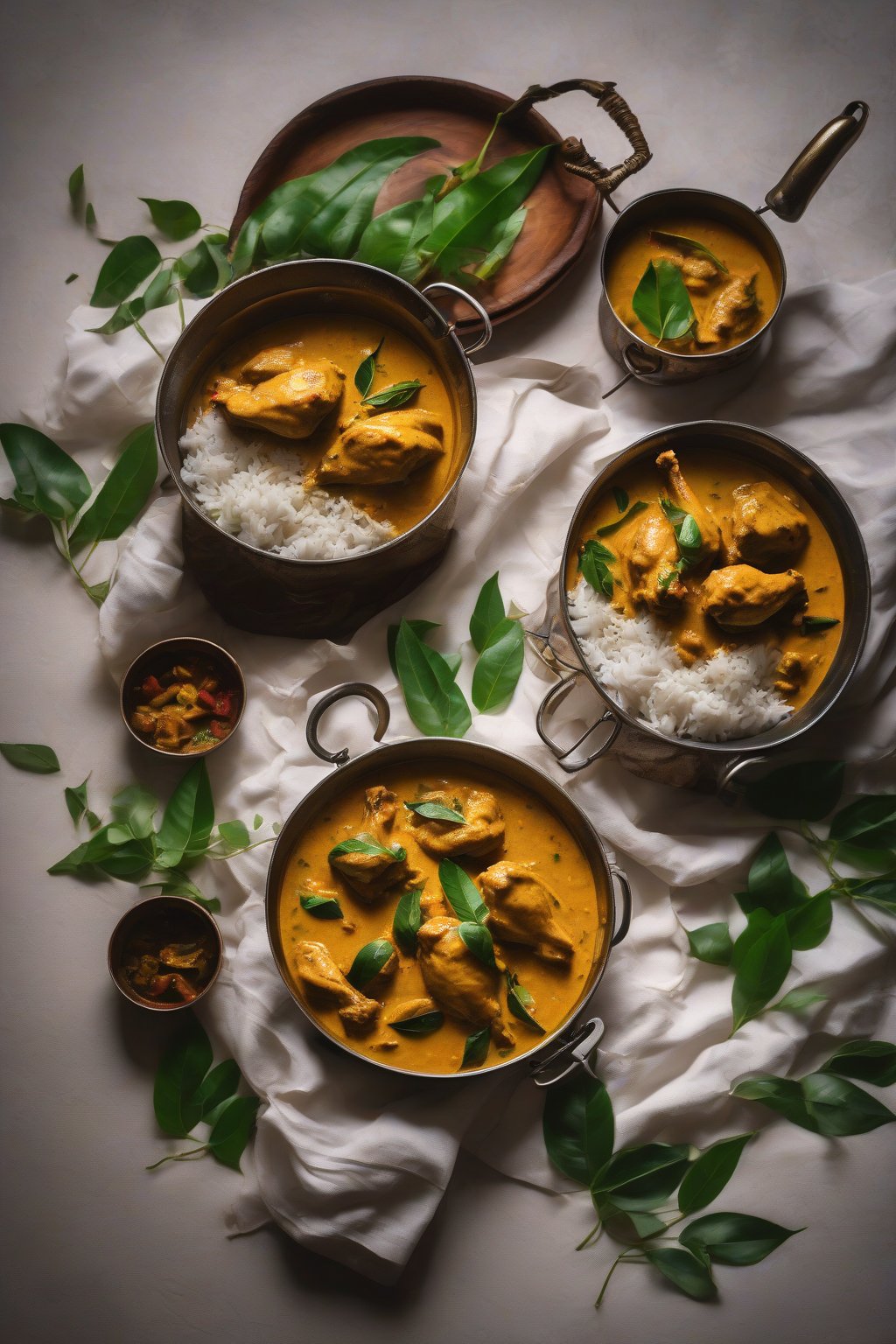 A high-resolution photo of Kerala Malabar chicken curry with curry leaves floating in creamy coconut sauce, under soft lighting.