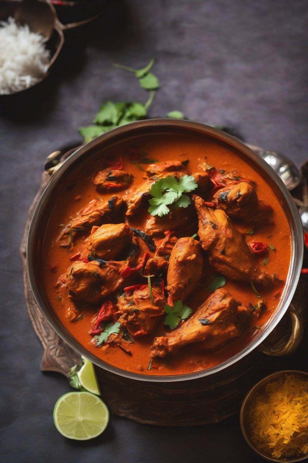 A high-resolution photo of vibrant red Andhra mirchi chicken curry in a bowl with charred chilies, under soft lighting.