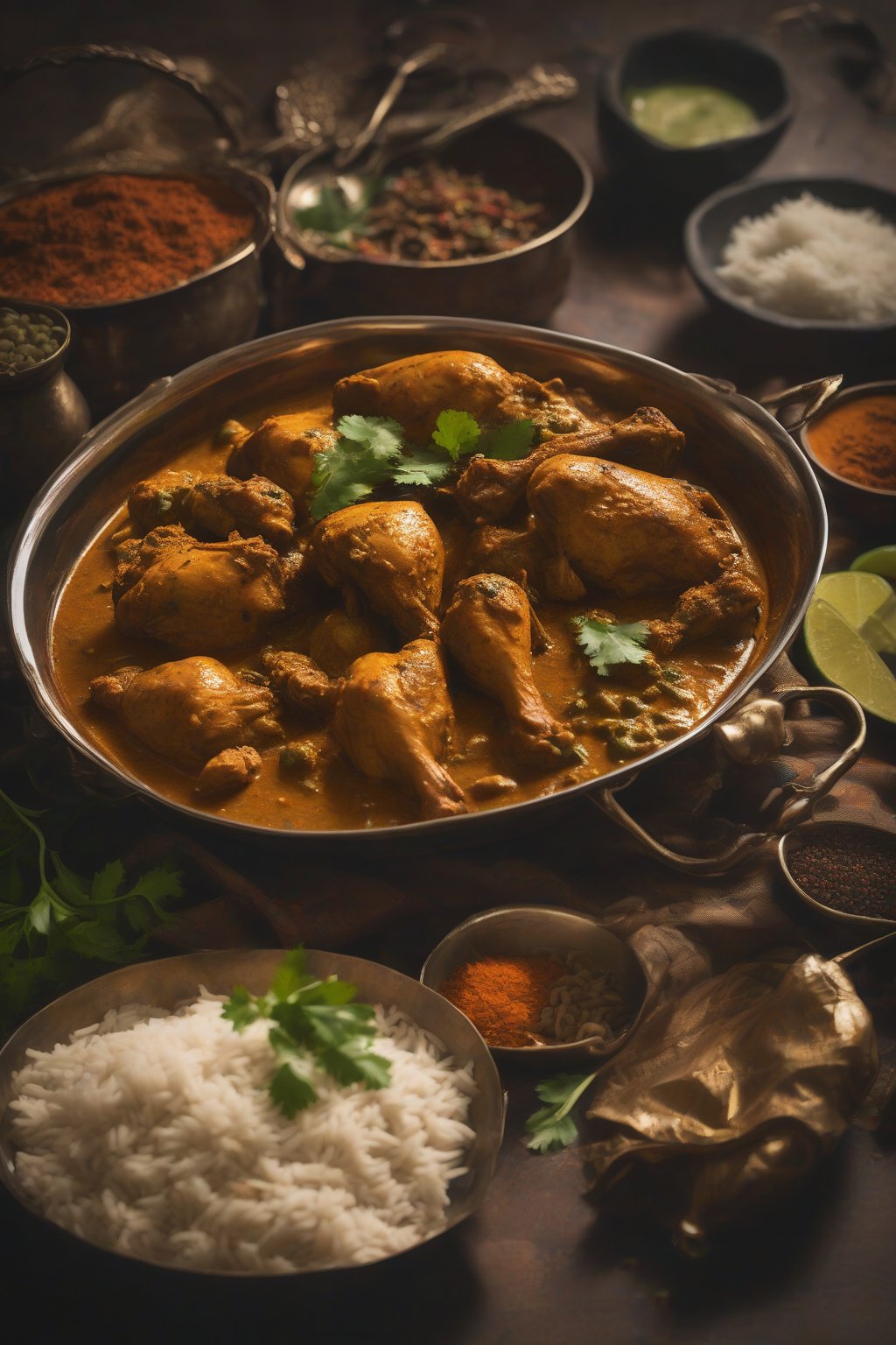 A high-resolution photo of Chettinad chicken curry with whole spices scattered on top, under soft lighting.
