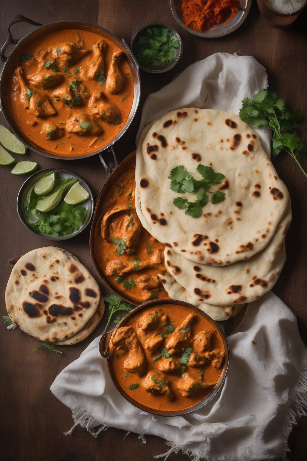 A high-resolution photo of creamy spicy Punjabi butter chicken with naan on the side, under soft lighting.
