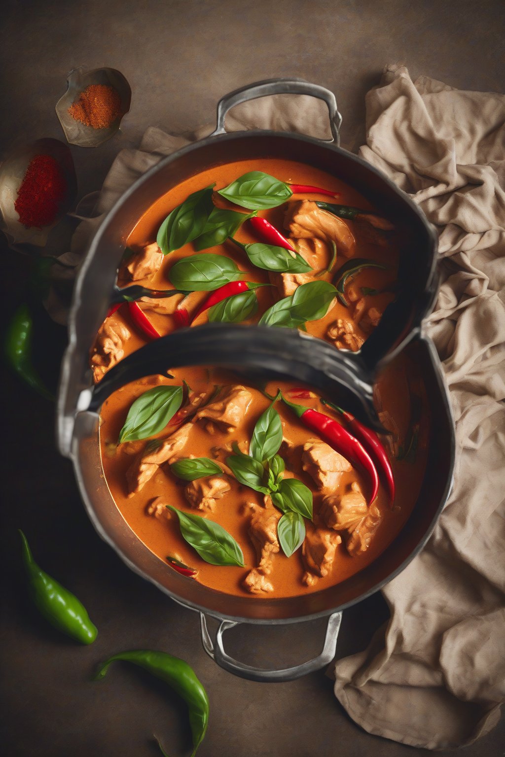 A high-resolution photo of Thai red chicken curry with red chilies and basil garnish in a wok, under soft lighting.