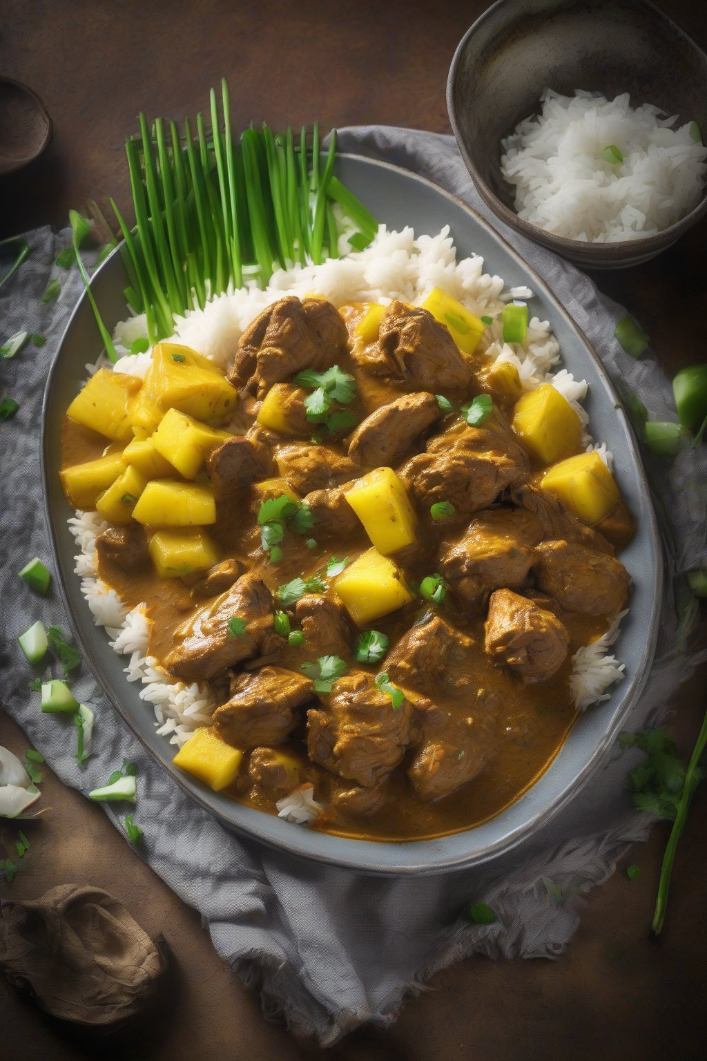 A high-resolution photo of Jamaican jerk chicken curry with pineapple chunks and green onions, under soft lighting.