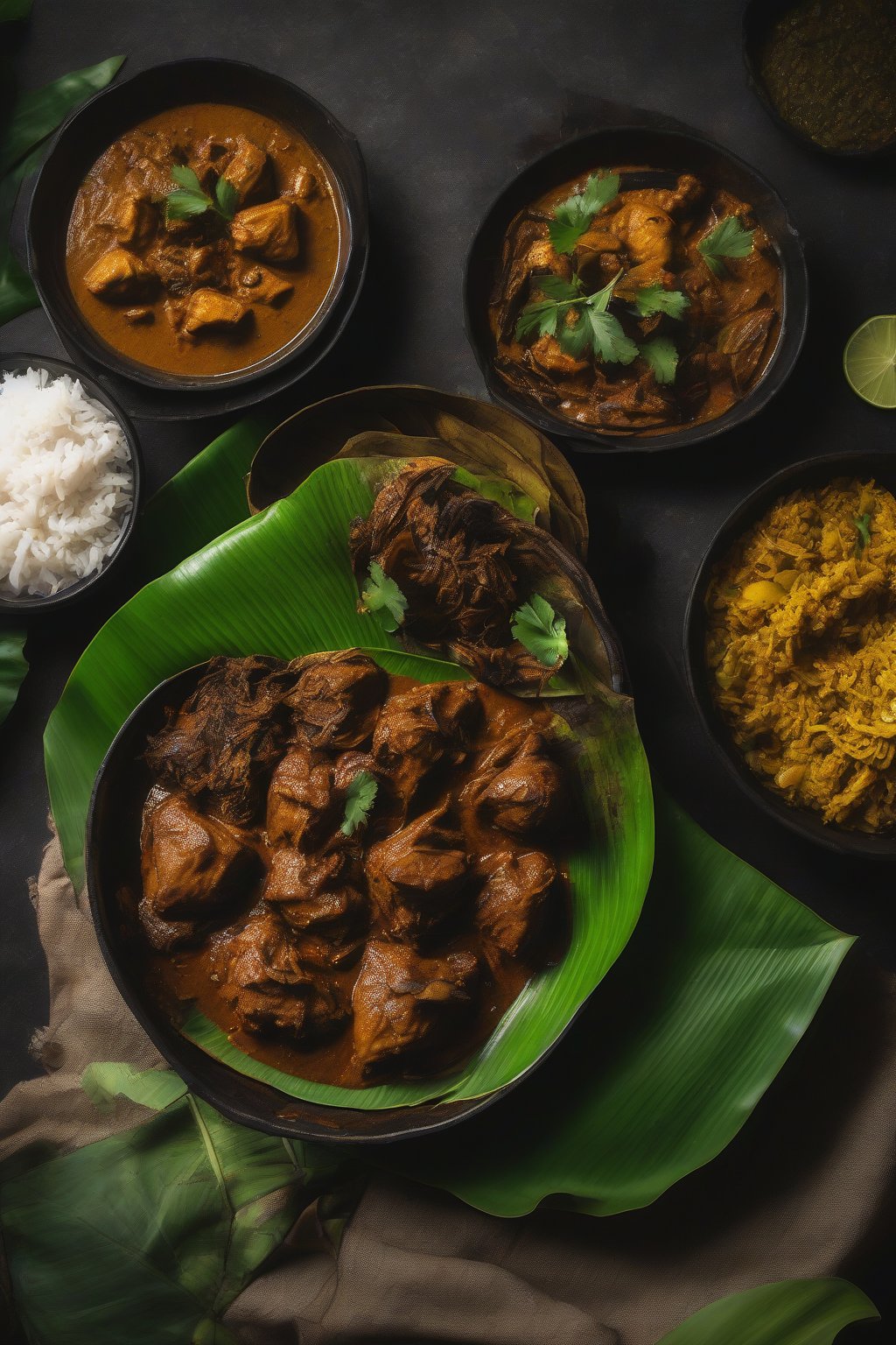 A high-resolution photo of dark-hued Sri Lankan black chicken curry in a banana leaf bowl, under soft lighting.