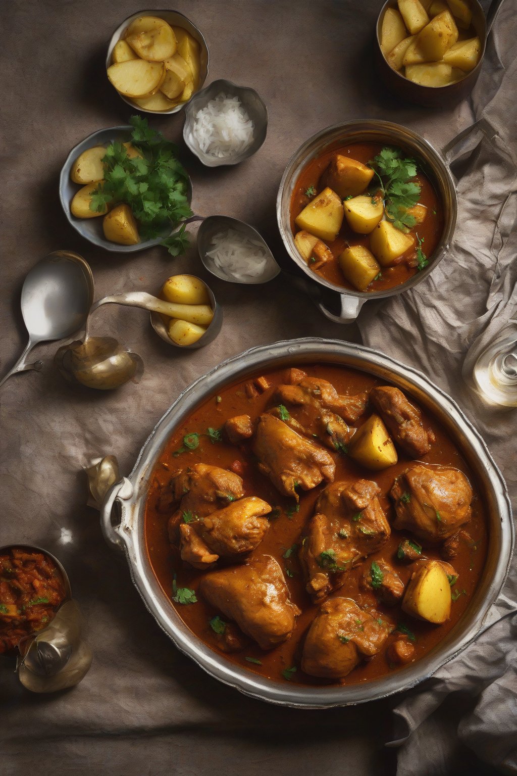 A high-resolution photo of tangy Goan Vindaloo chicken curry with potatoes and vinegar sheen, under soft lighting.