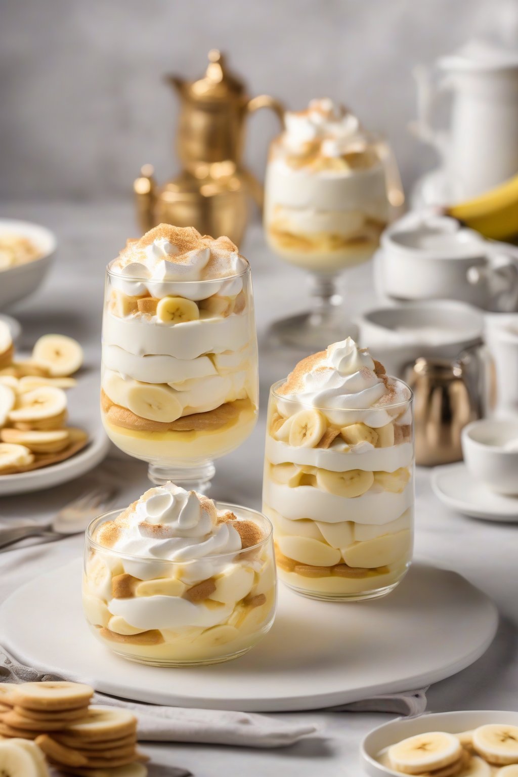 A high-resolution photo of classic layered banana pudding with vanilla wafers and whipped cream topping under soft lighting.