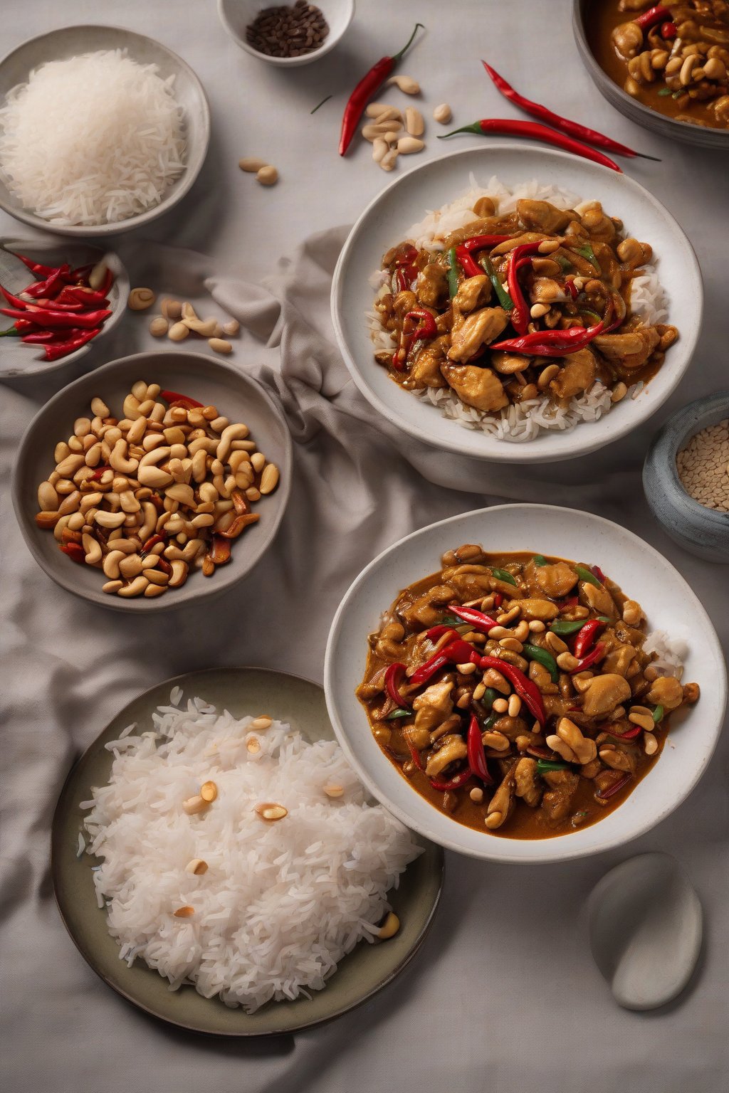 A high-resolution photo of Sichuan mala chicken curry tossed with peanuts and red chilies, under soft lighting.