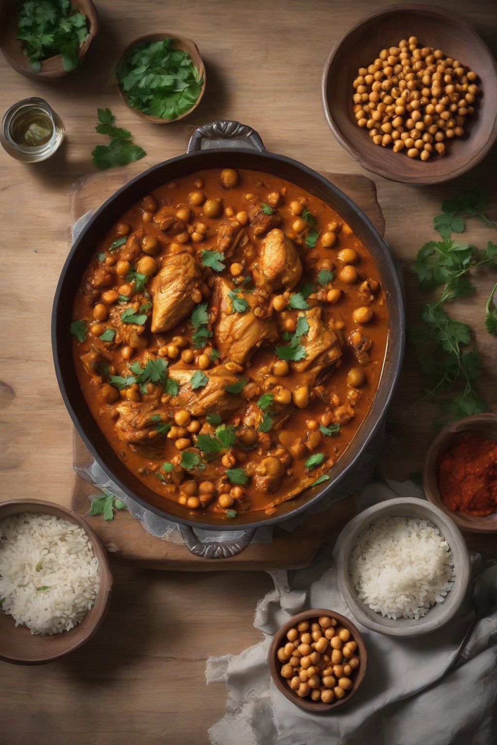 A high-resolution photo of Moroccan harissa chicken curry with chickpeas and dried apricots, under soft lighting.