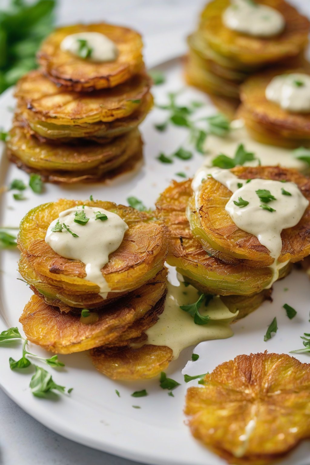 A close-up photo of golden fried green tomato slices stacked on a white plate with remoulade drizzle, under soft lighting.