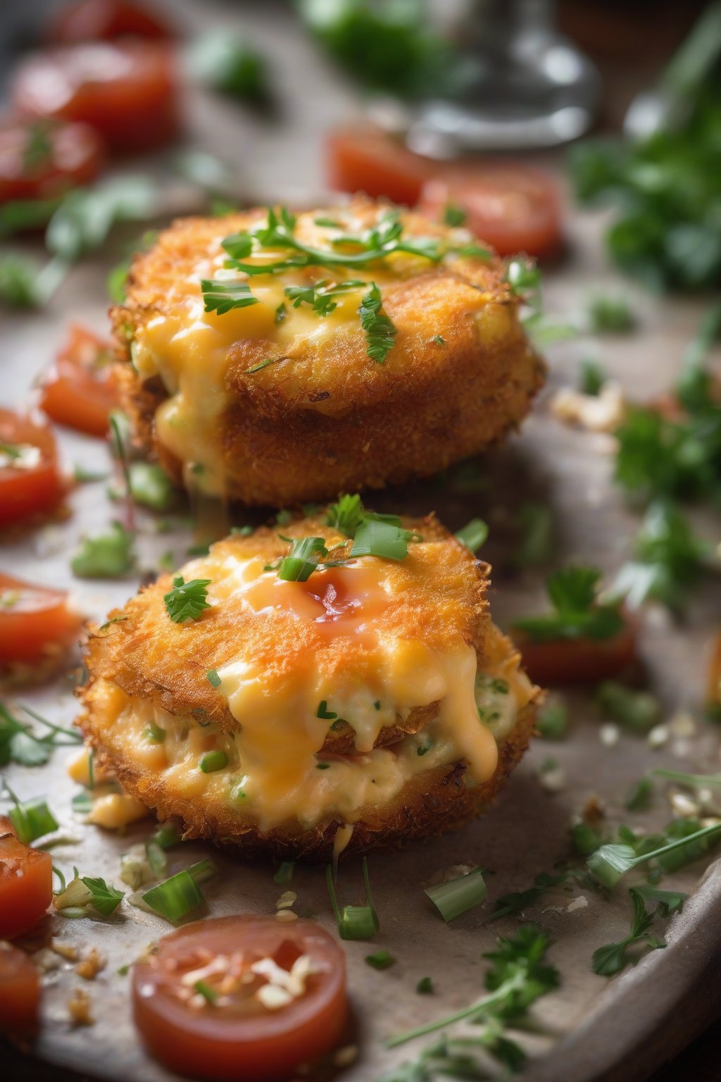 A high-resolution photo of a halved pimento cheese-stuffed fried green tomato oozing cheese, garnished with chives, under soft lighting.