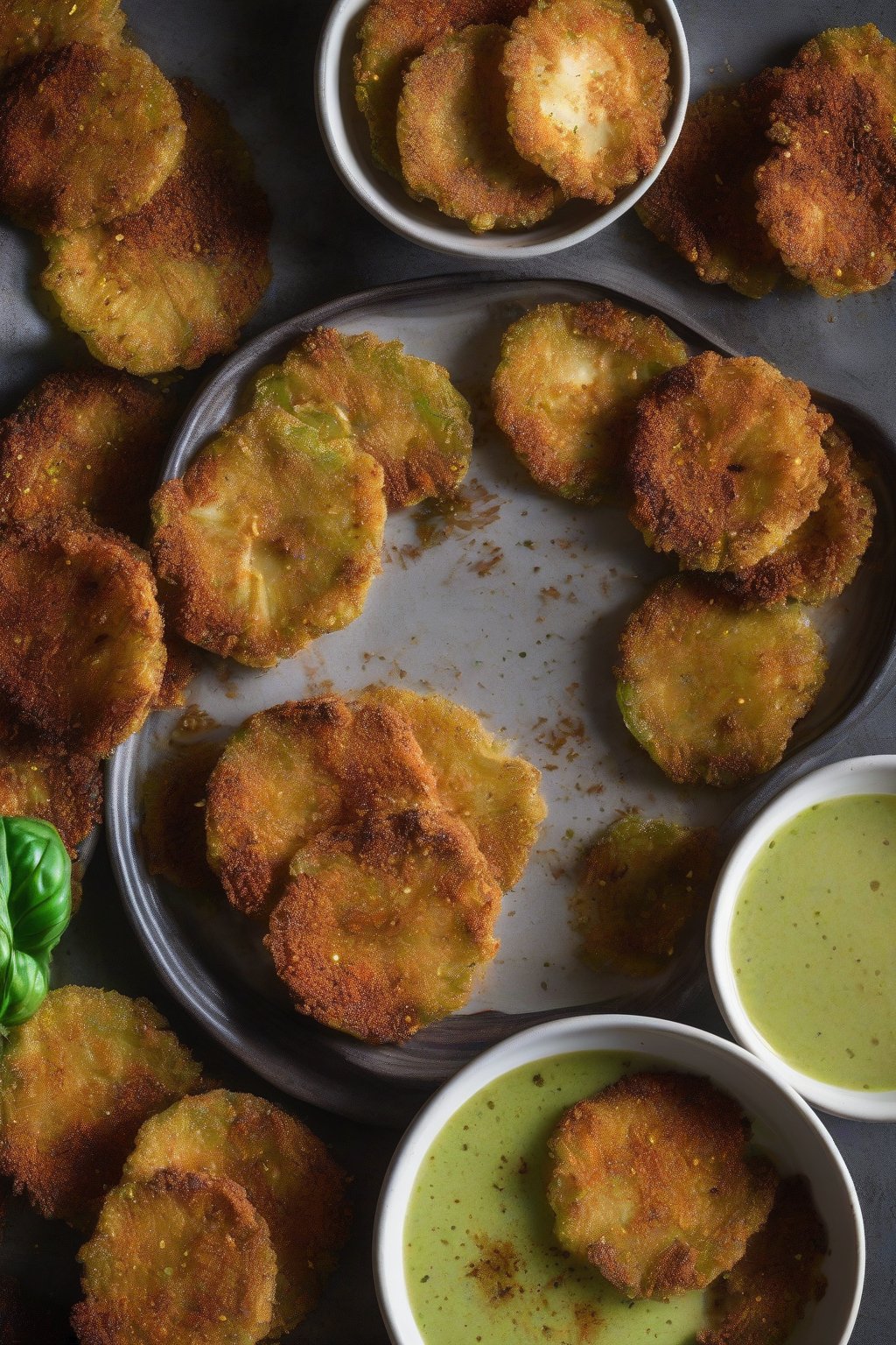 A close-up photo of spicy fried green tomato slices dusted with Cajun spices next to a dipping sauce, under soft lighting.