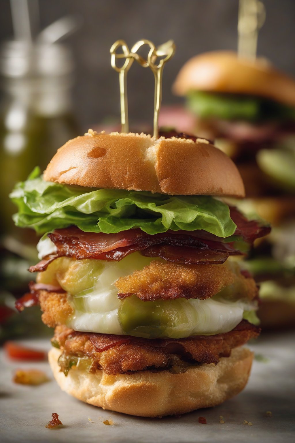 A high-resolution photo of a fried green tomato BLT slider with layers visible, pickles on the side, under soft lighting.